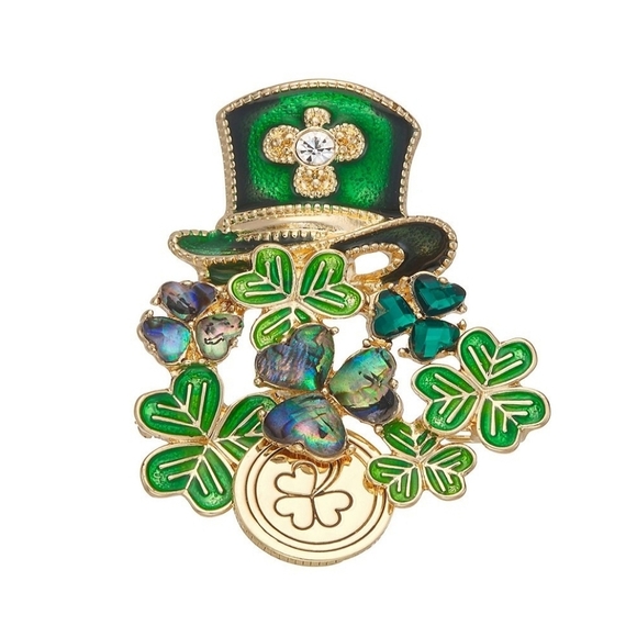 Napier Irish St Patricks Hat & Clovers Brooch Pin Green Gold Nwt - Picture 1 of 2